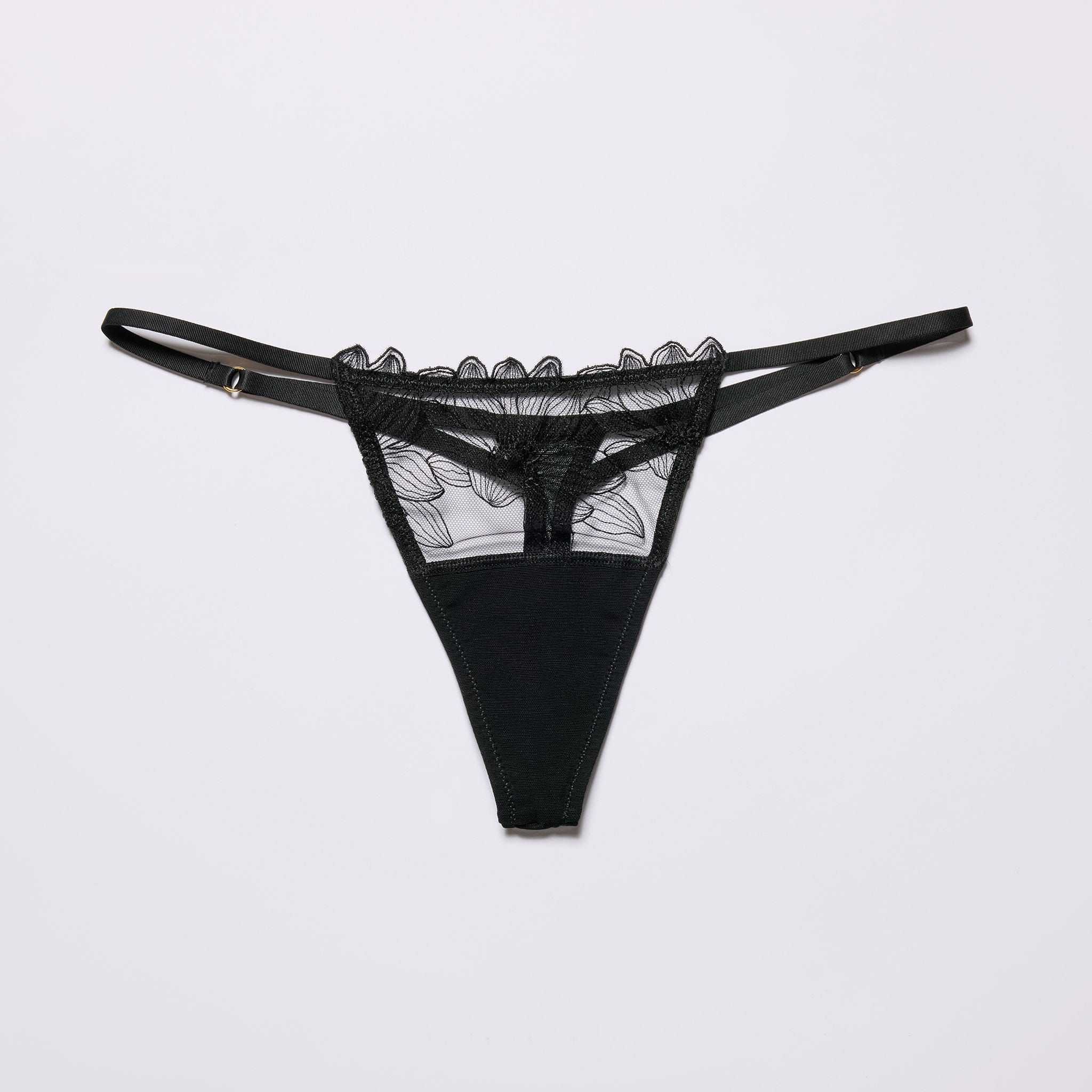 Embroidery String Thong Black